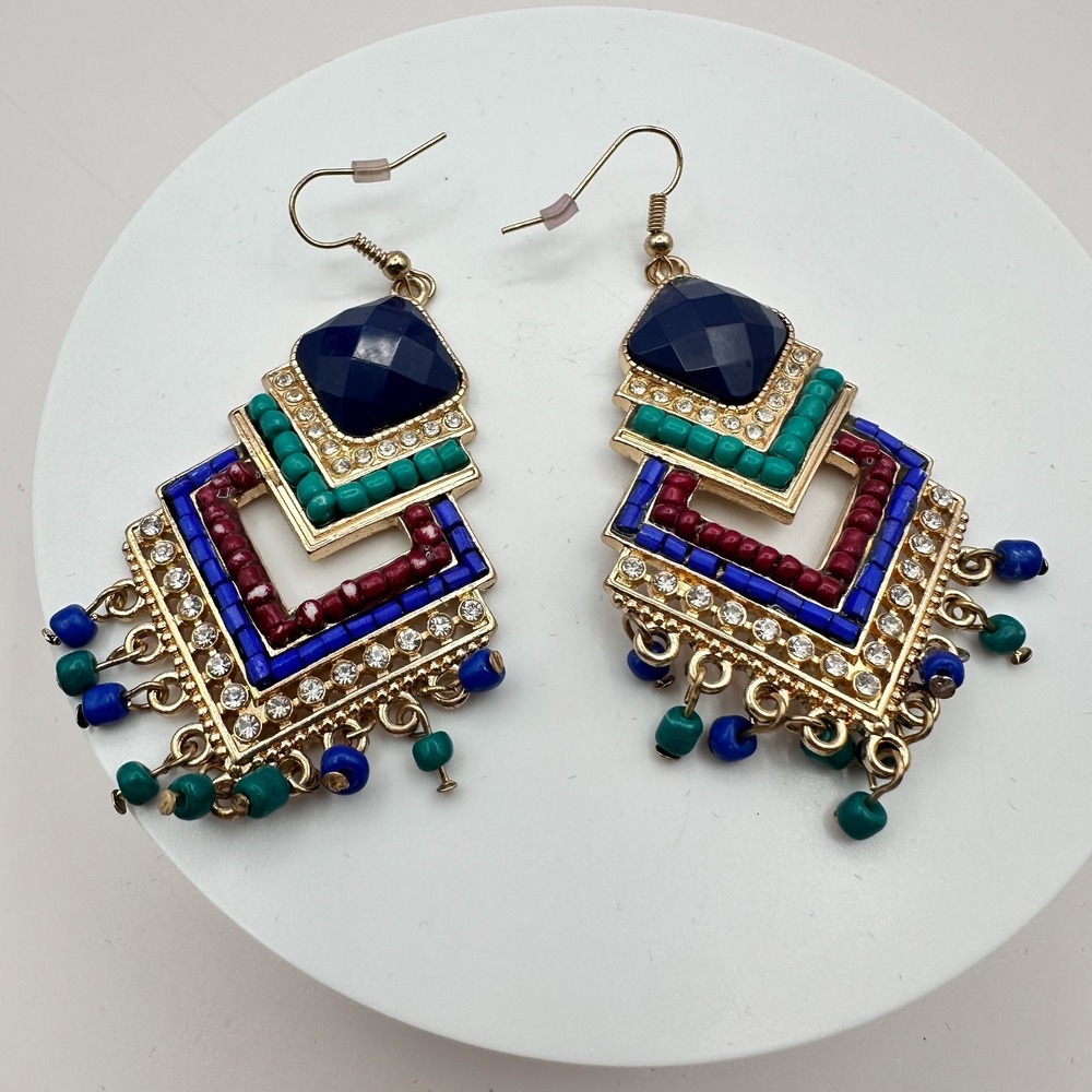 Vintage Y2K Rhinestone Beaded Chandelier Earrings Gold Tone Boho Jewelry